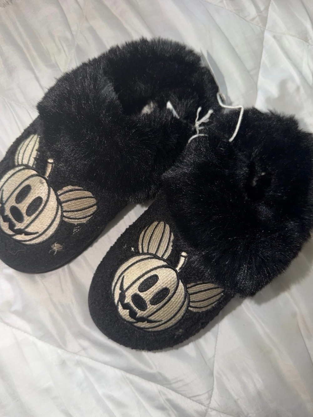 Black Faux Fur Slippers with Pumpkin Mickey Mouse Character